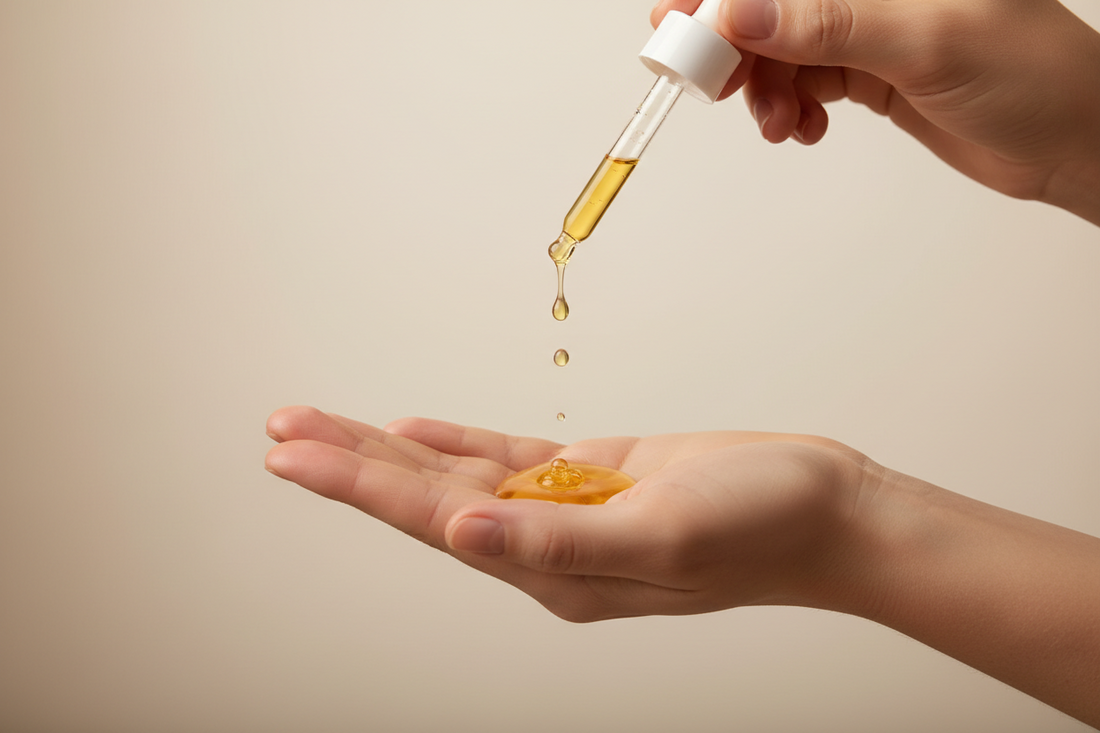 Una mano aperta mentre vengono versate poche gocce di olio naturale sul palmo, gesto che rappresenta la corretta applicazione nella skincare senza ungere