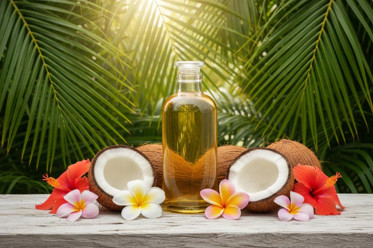 Bottiglia di olio di cocco naturale circondata da noci di cocco e fiori tropicali, simbolo dell’utilizzo dell’olio di cocco nella routine di bellezza quotidiana