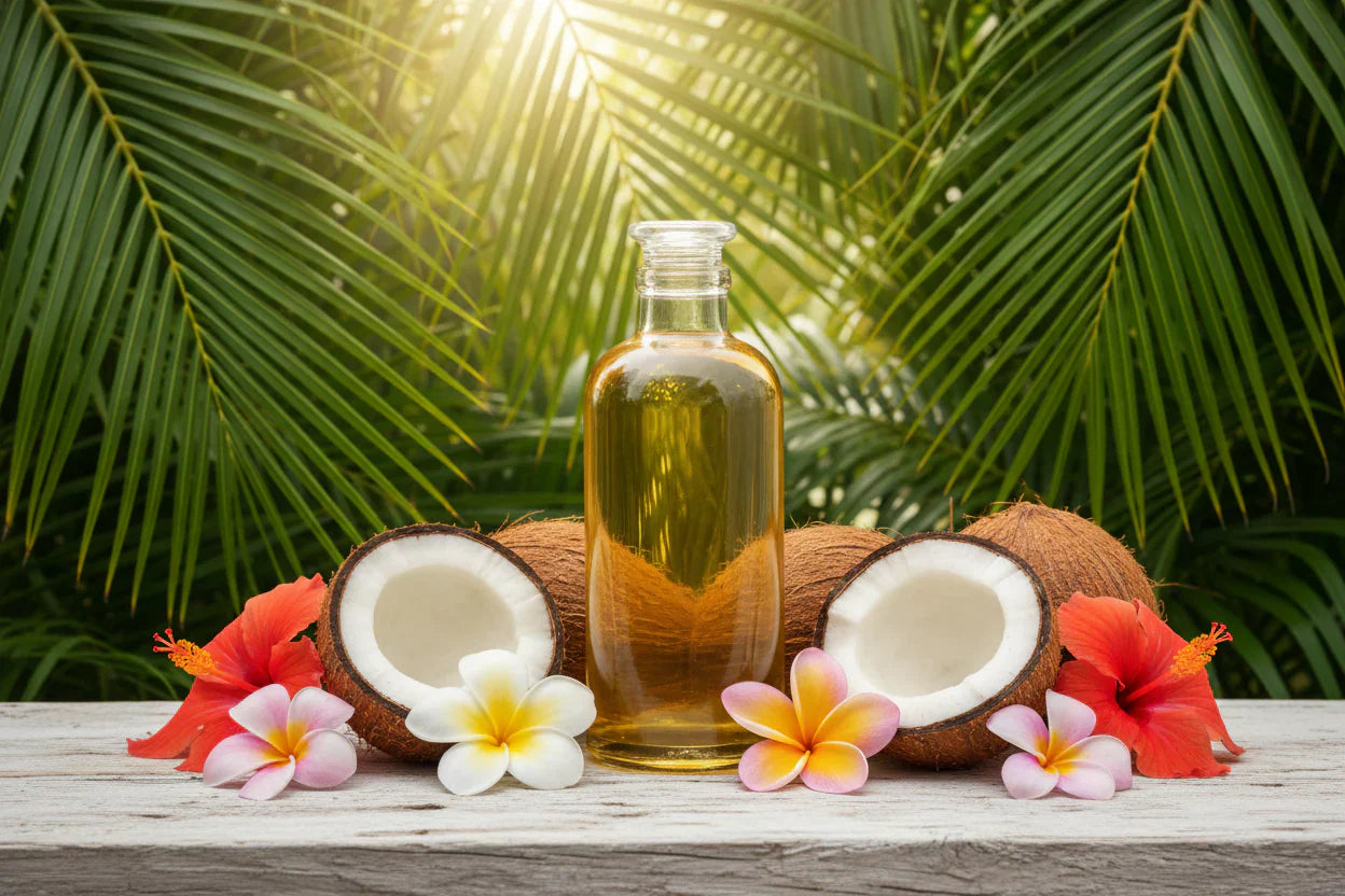 Bottiglia di olio di cocco naturale circondata da noci di cocco e fiori tropicali, simbolo dell’utilizzo dell’olio di cocco nella routine di bellezza quotidiana