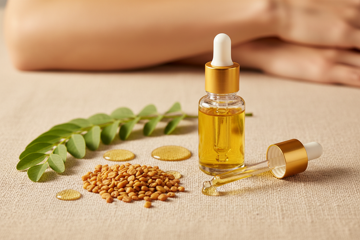 Olio di fieno greco in una bottiglia di vetro ambrato su sfondo naturale, rimedio anticellulite e rassodante per la pelle