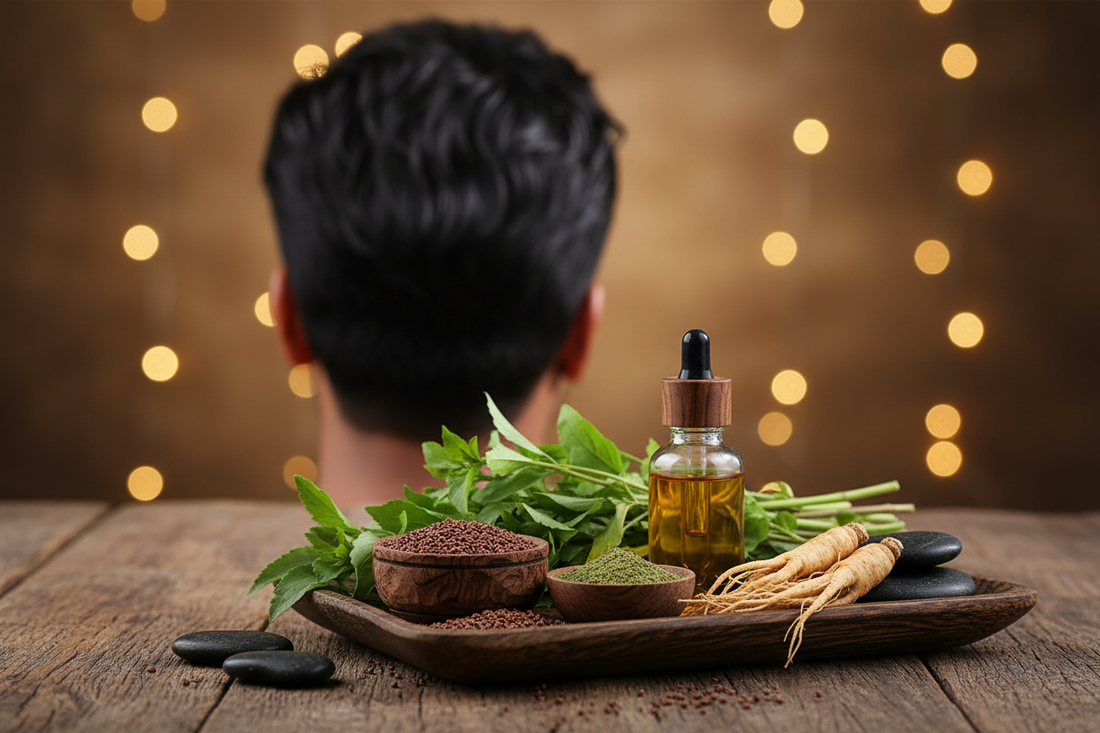 Uomo con capelli corti e folti visti di spalle - olio di Taramira e Bhringraj per forfora e capelli bianchi