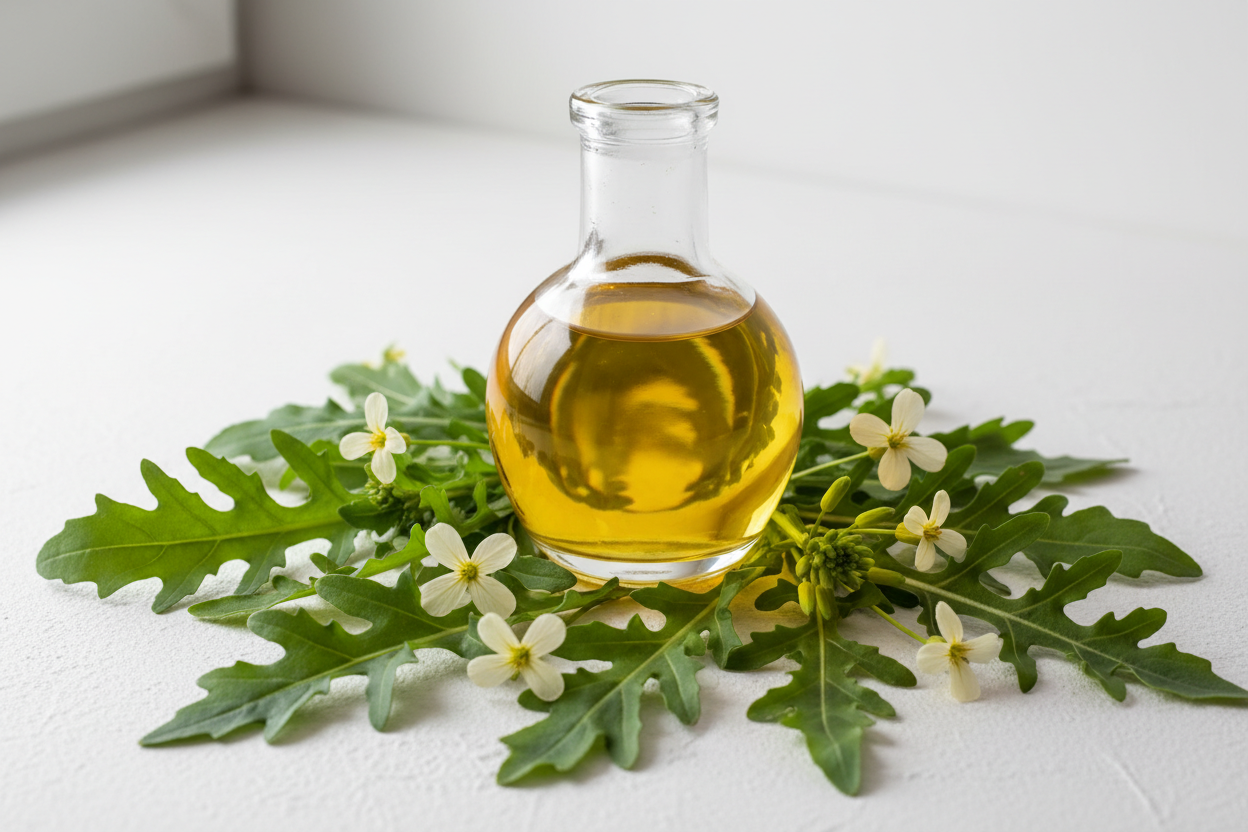 Bottiglia di olio di Taramira in vetro con foglie e fiori di rucola su sfondo chiaro