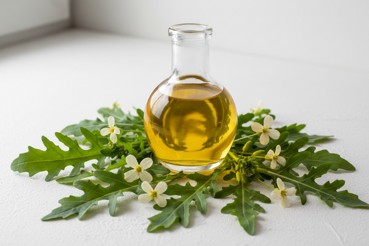 Bottiglia di olio di Taramira in vetro con foglie e fiori di rucola su sfondo chiaro
