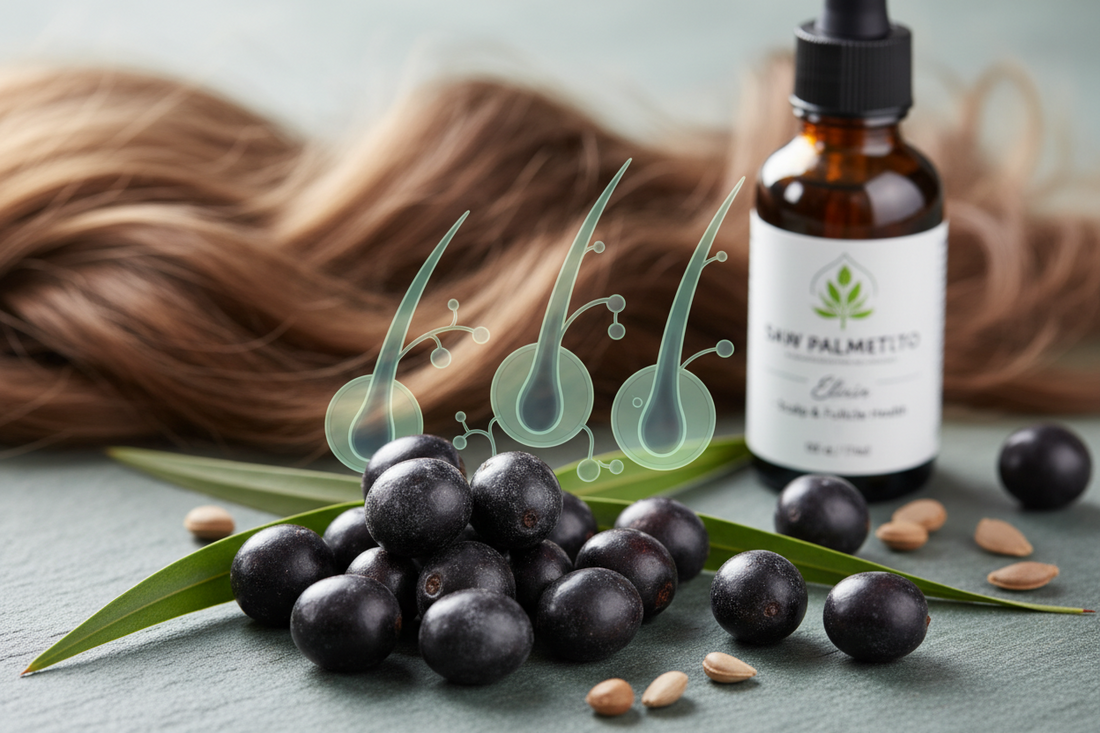 Bacche di Saw Palmetto con foglie verdi, illustrazione dei follicoli piliferi, ciocca di capelli castani e flacone di olio di Saw Palmetto