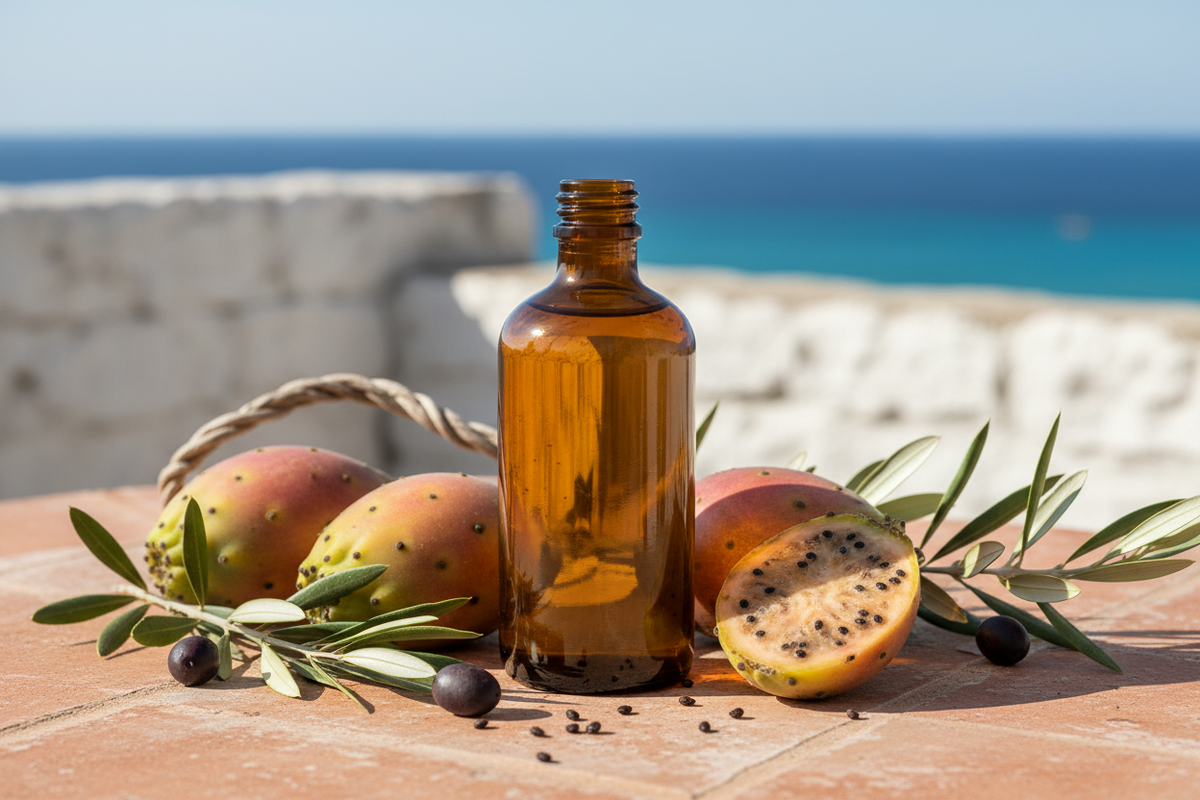Flacone di olio di fico d'India con frutti freschi di fico d'India, olive e rami di ulivo su sfondo di mare mediterraneo
