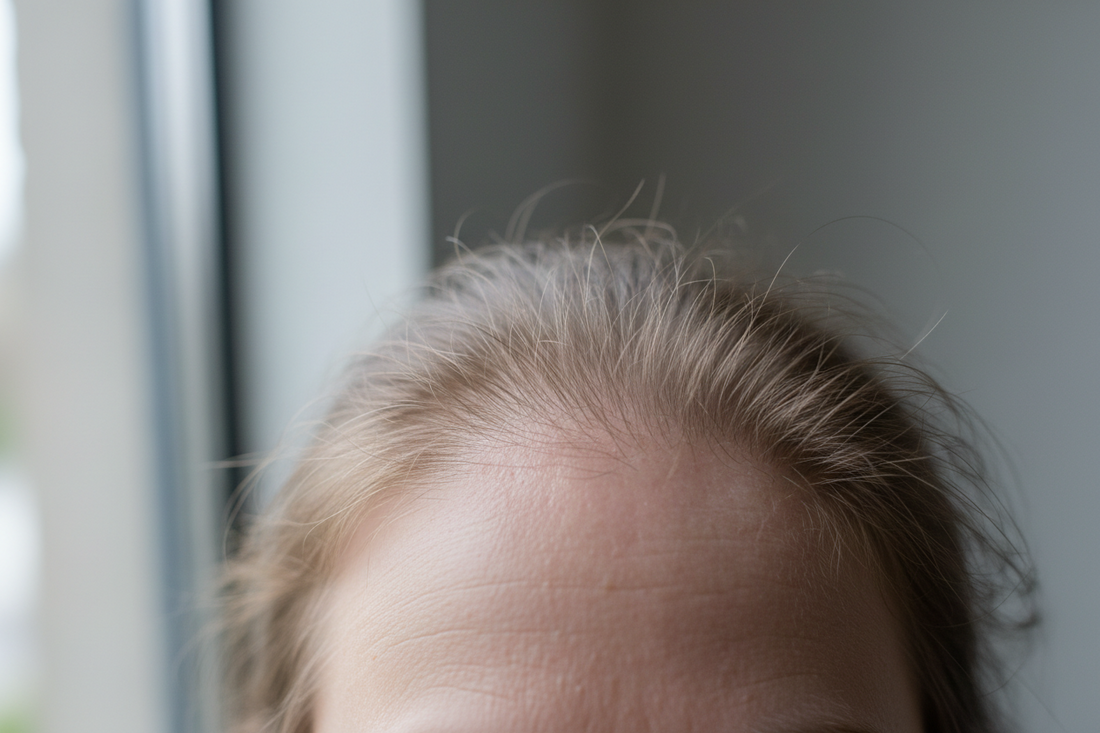 Testa con capelli diradati che illustra il problema della caduta dei capelli e i rimedi naturali per rinforzarli