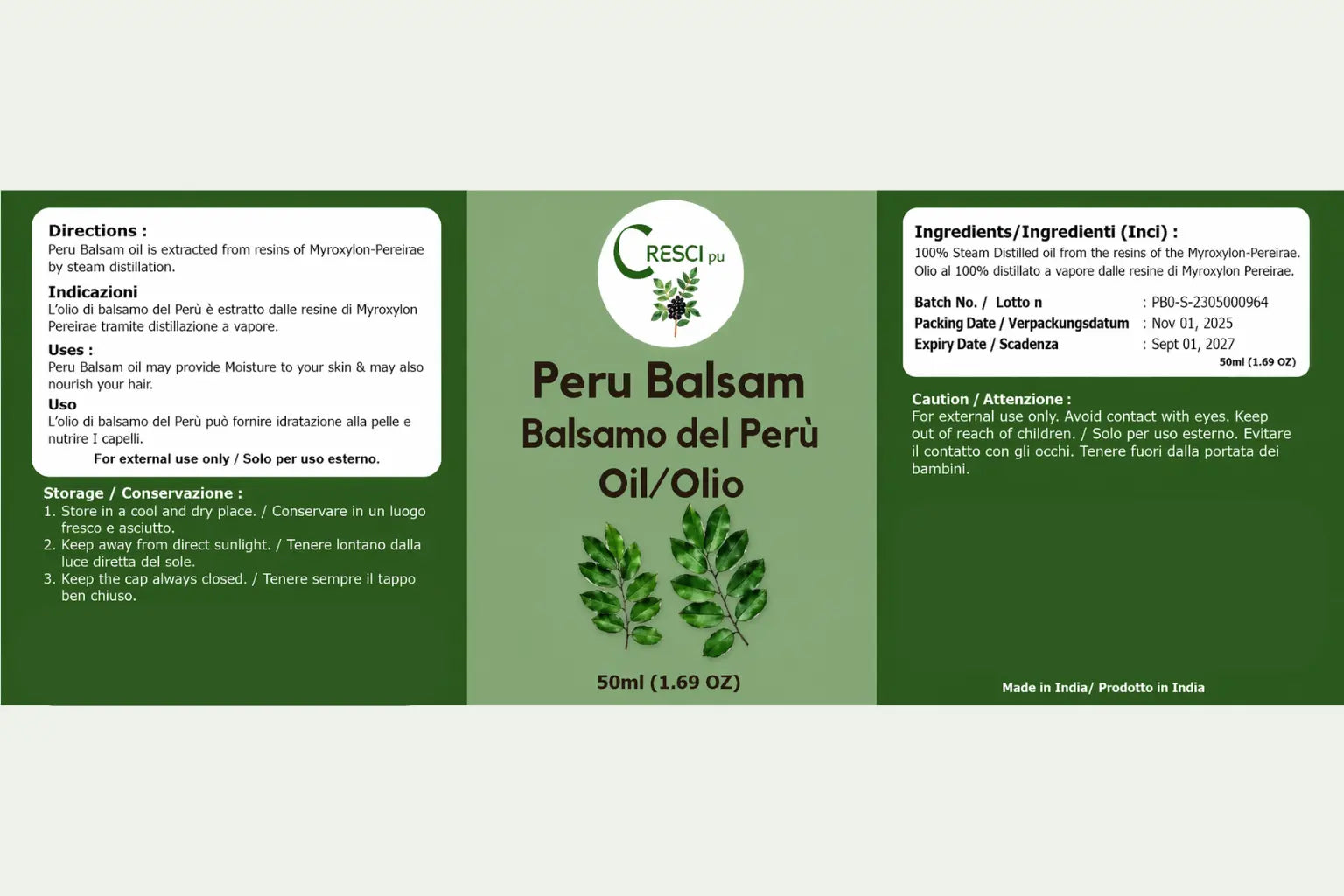 Olio di Balsamo del Perù 100% Puro 50ml - Resina Naturale Profumo Vaniglia e Pelle