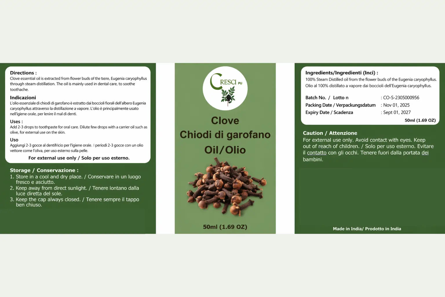 Olio di Chiodi di Garofano 100% Puro 50ml - Stimolante Pelle e Capelli