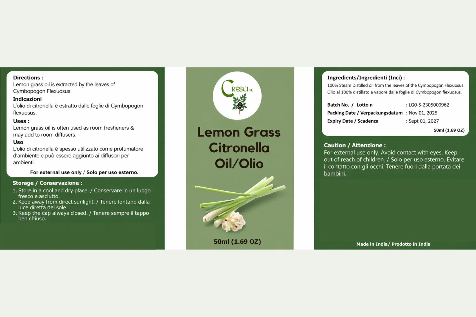 Olio di Citronella Puro 50ml - Antizanzare Naturale Aromaterapia e Viso