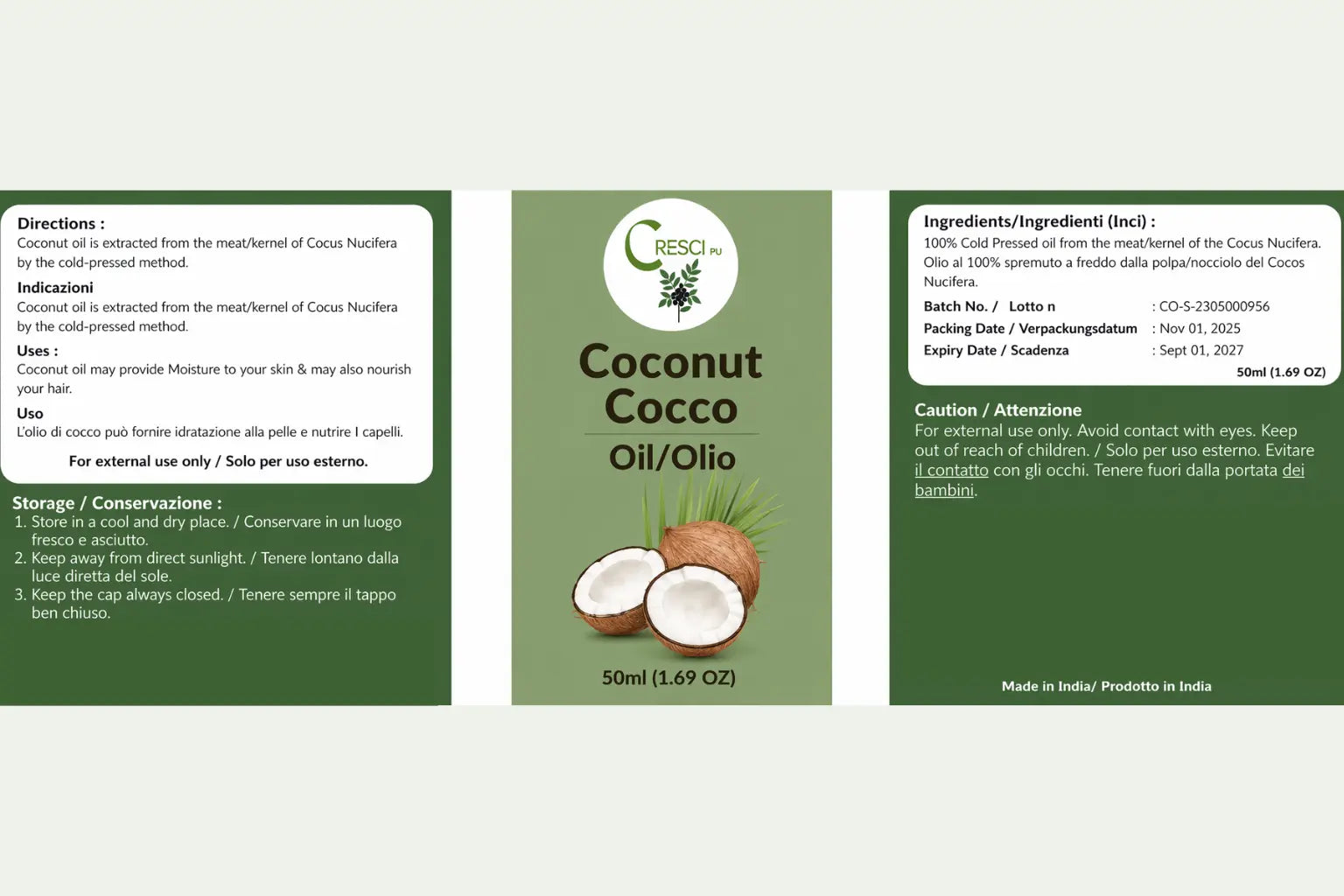 Olio di Cocco 100% Puro Spremuto a Freddo - Uso Cosmetico Viso