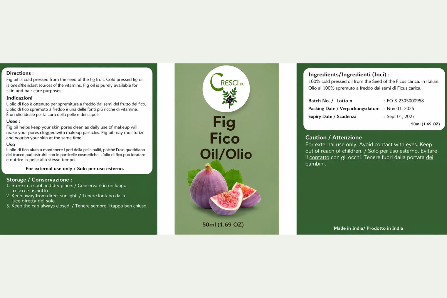Olio di Fico 100% Puro 50ml - Spremuto a Freddo Elasticizzante Corpo e Antirughe