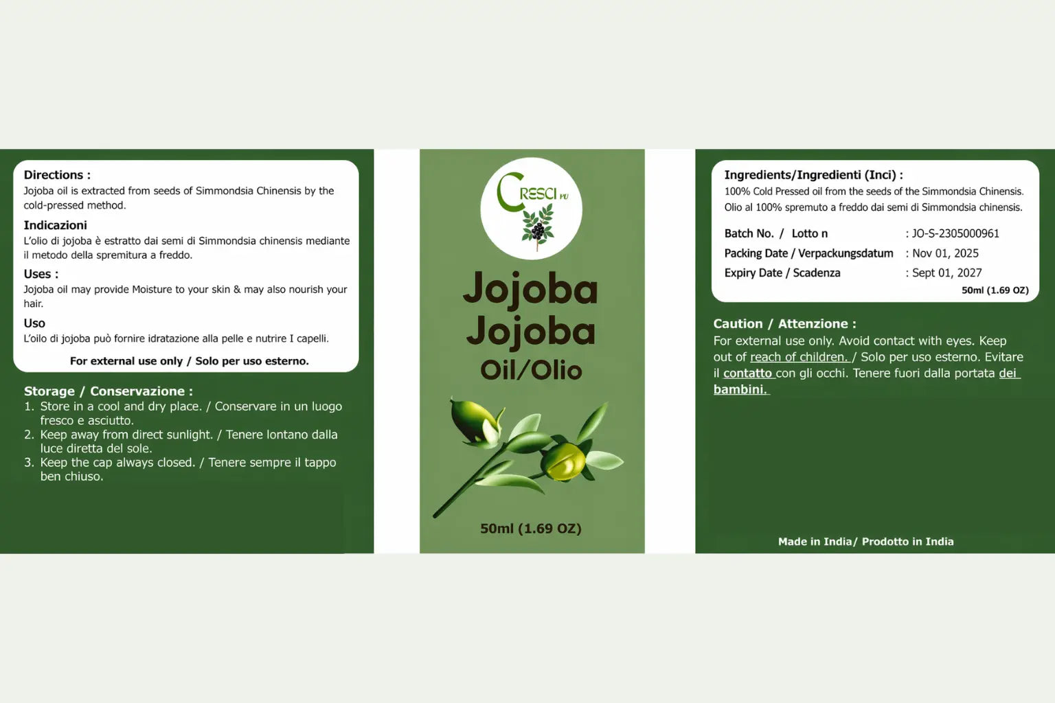 Olio di Jojoba Puro 100%  50ml - Spremuto a Freddo per Viso