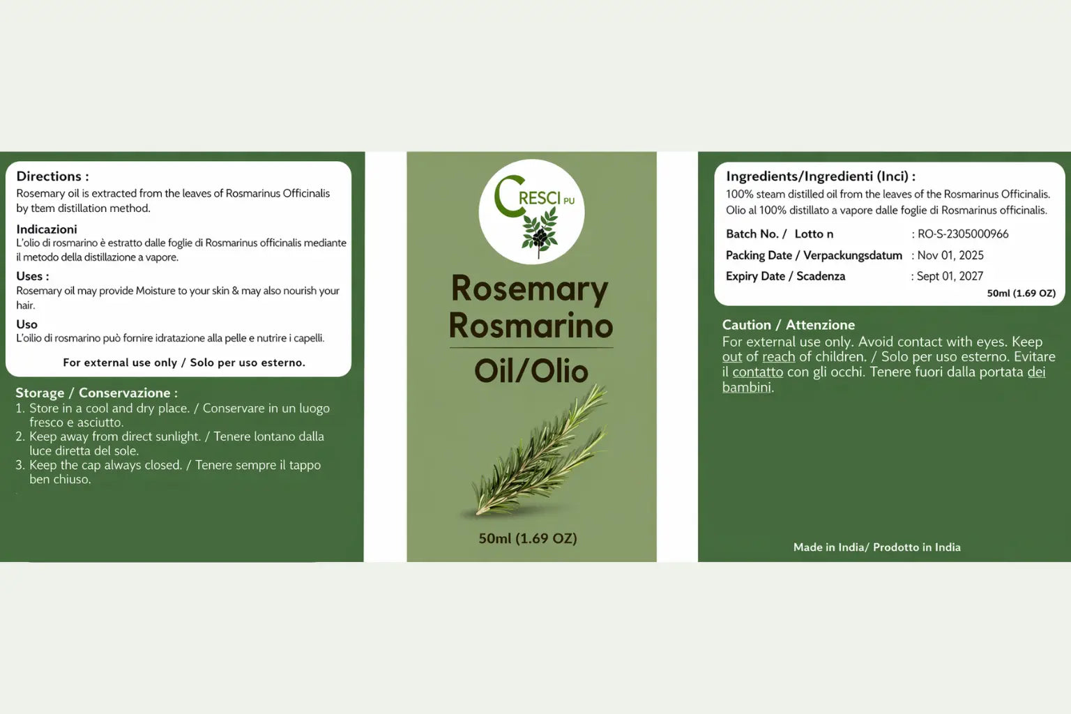 Olio di Rosmarino 100% Puro 50ml - Stimolante Crescita Capelli e Viso