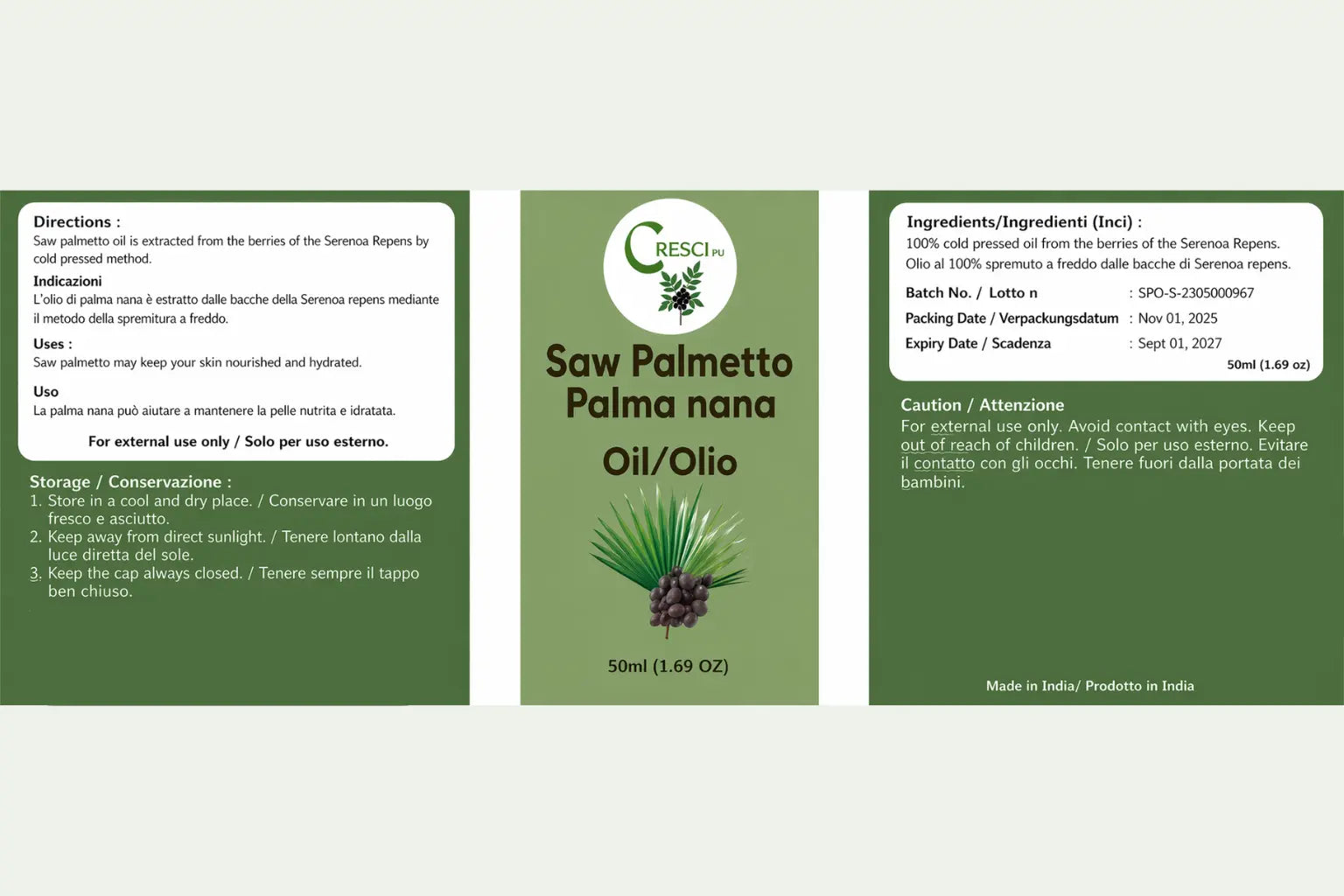 Olio di Saw Palmetto 100% Puro 50ml - Estratto Naturale Capelli e Cuoio Capelluto