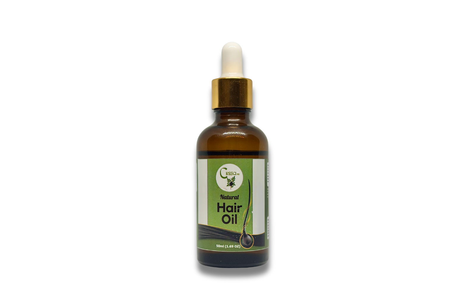 Flacone contagocce in vetro ambrato con etichetta verde ‘Natural Hair Oil’, olio naturale per capelli da 50 ml anticaduta e ricrescita. Olio capelli secchi e fragili. Olio
capelli crescita rapida, olio stimalante ricrescita.