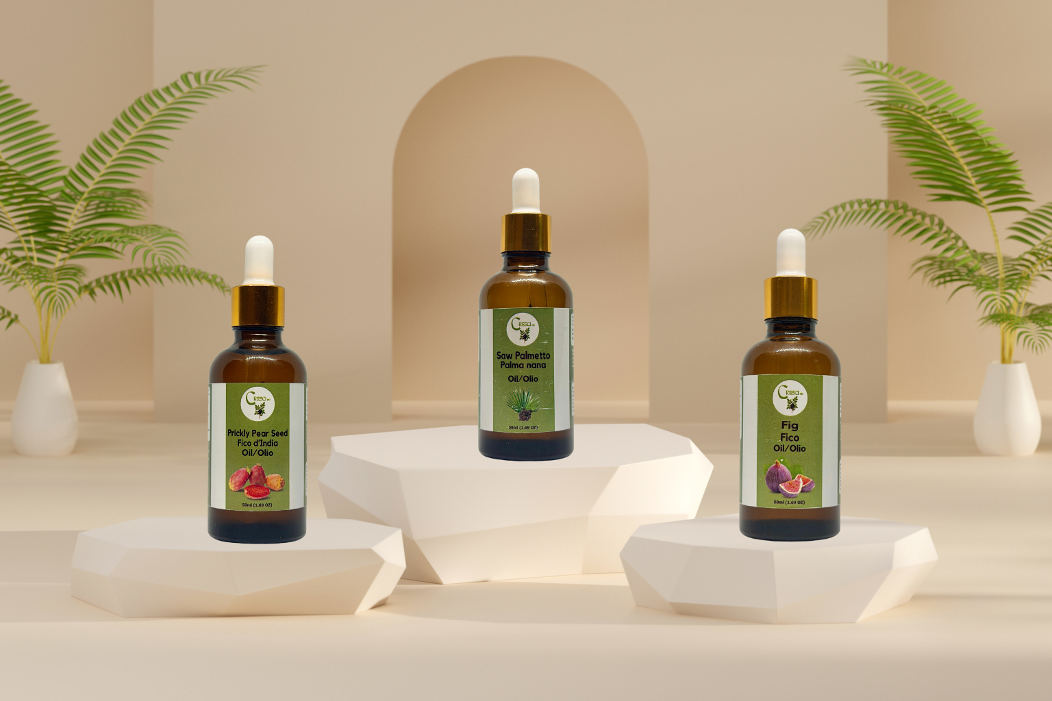 Tre flaconi con contagocce di oli naturali esposti su piedistalli bianchi geometrici, su sfondo beige minimalista con piante decorative ai lati. Le etichette verdi mostrano diversi tipi di olio vegetale.