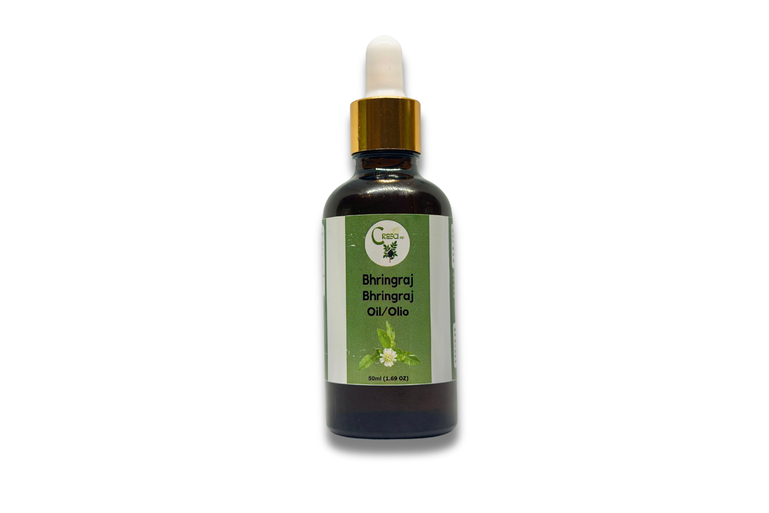Olio di Bhringraj 50 ml in flacone contagocce in vetro ambrato con tappo dorato ed etichetta verde