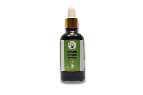 Olio di Bhringraj 50 ml in flacone contagocce in vetro ambrato con tappo dorato ed etichetta verde