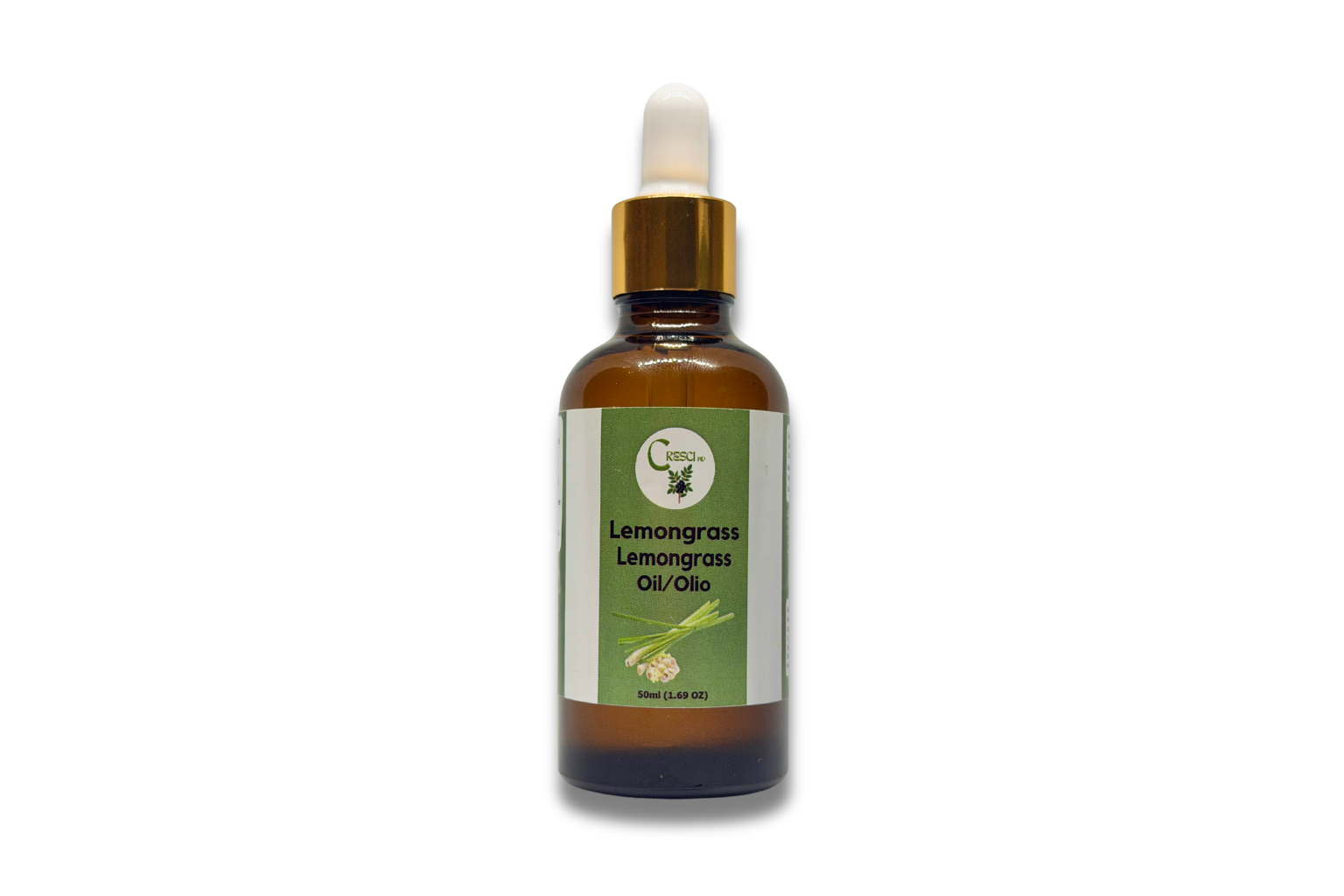 Olio di Lemongrass 50 ml in flacone contagocce in vetro ambrato con tappo dorato ed etichetta verde