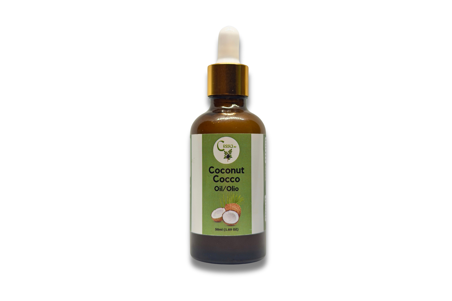 Olio di Cocco (Coconut) 50 ml in flacone contagocce in vetro ambrato con tappo dorato ed etichetta verde