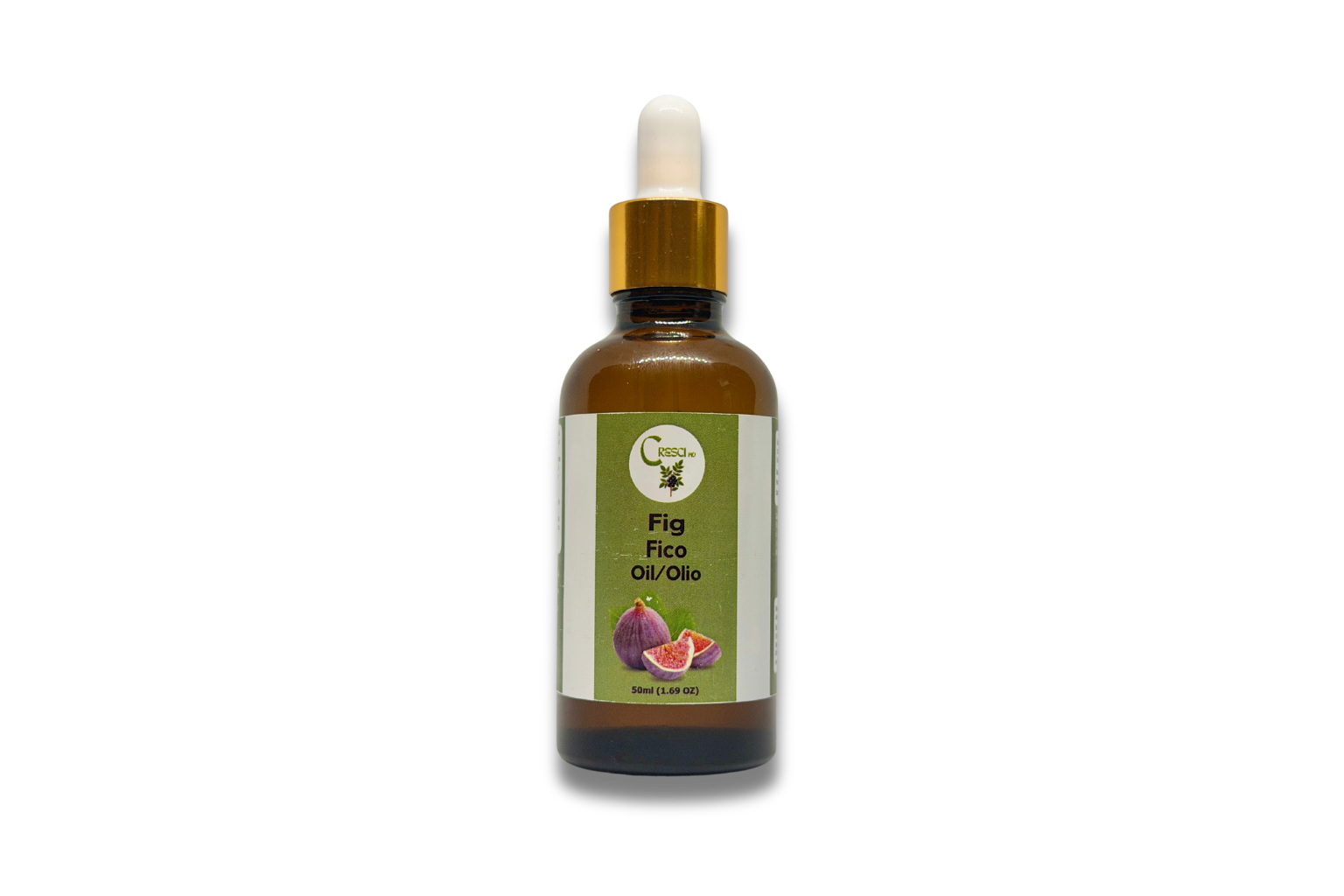 Olio di Fico (Fig Oil) 50 ml in flacone contagocce in vetro ambrato con tappo dorato ed etichetta verde
