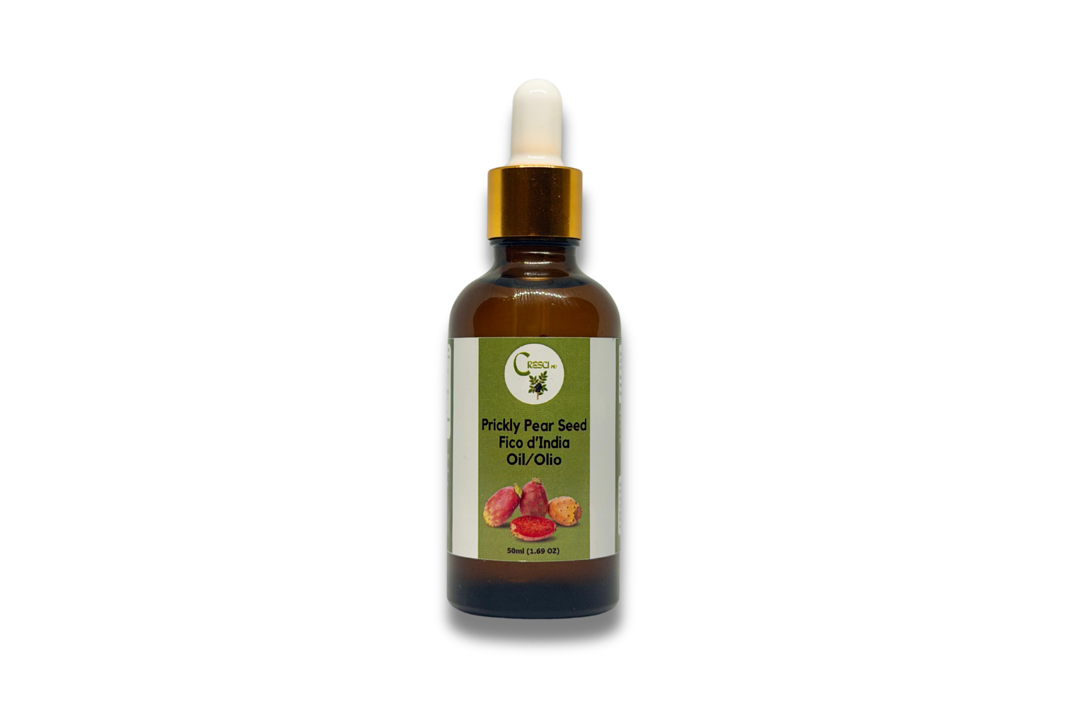 Olio di Fico d’India (Prickly Pear Seed Oil) in flacone contagocce da 50 ml, bottiglia in vetro ambrato con tappo dorato ed etichetta verde
