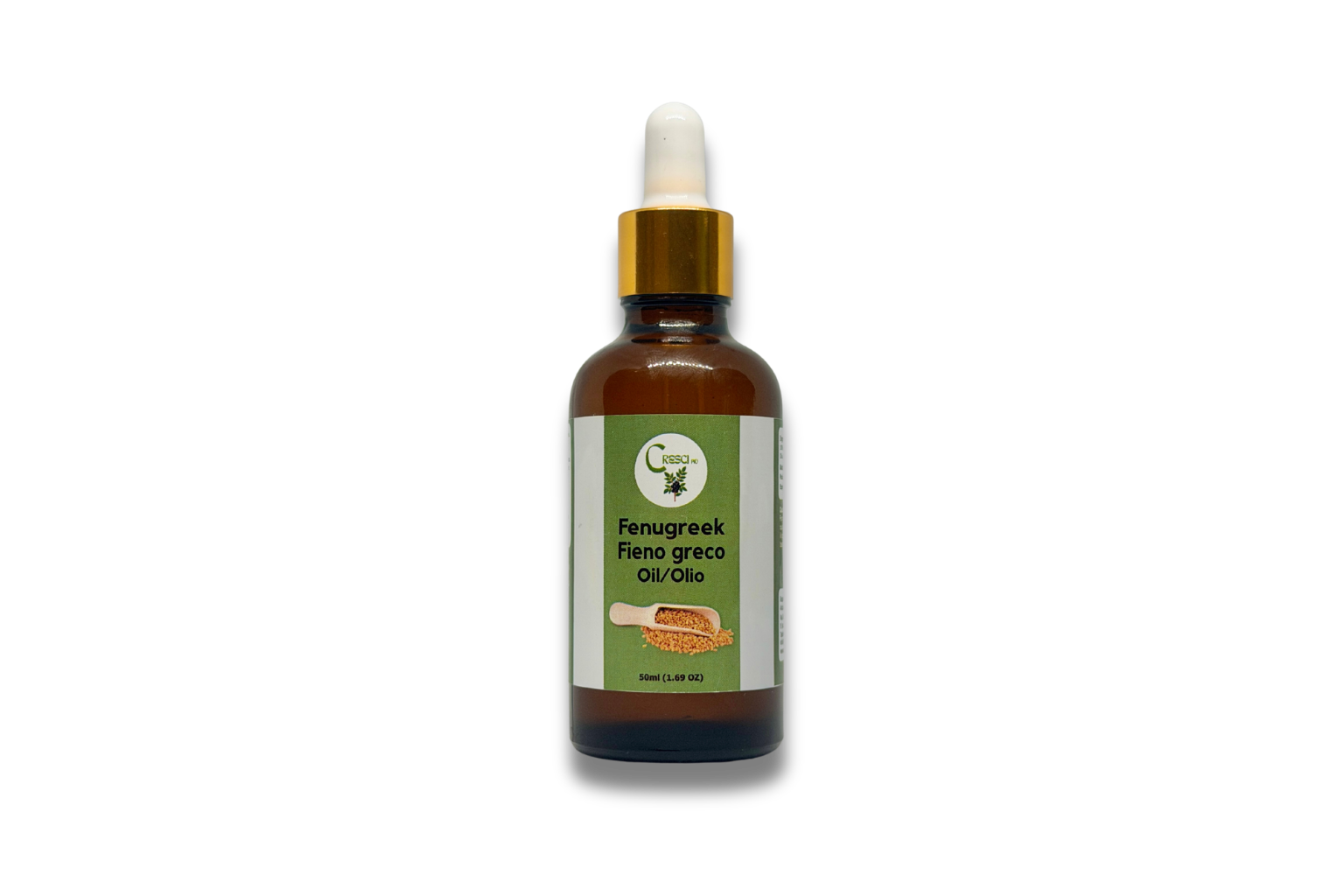 Olio di Fieno greco (Fenugreek) 50 ml in flacone contagocce in vetro ambrato con tappo dorato ed etichetta verde