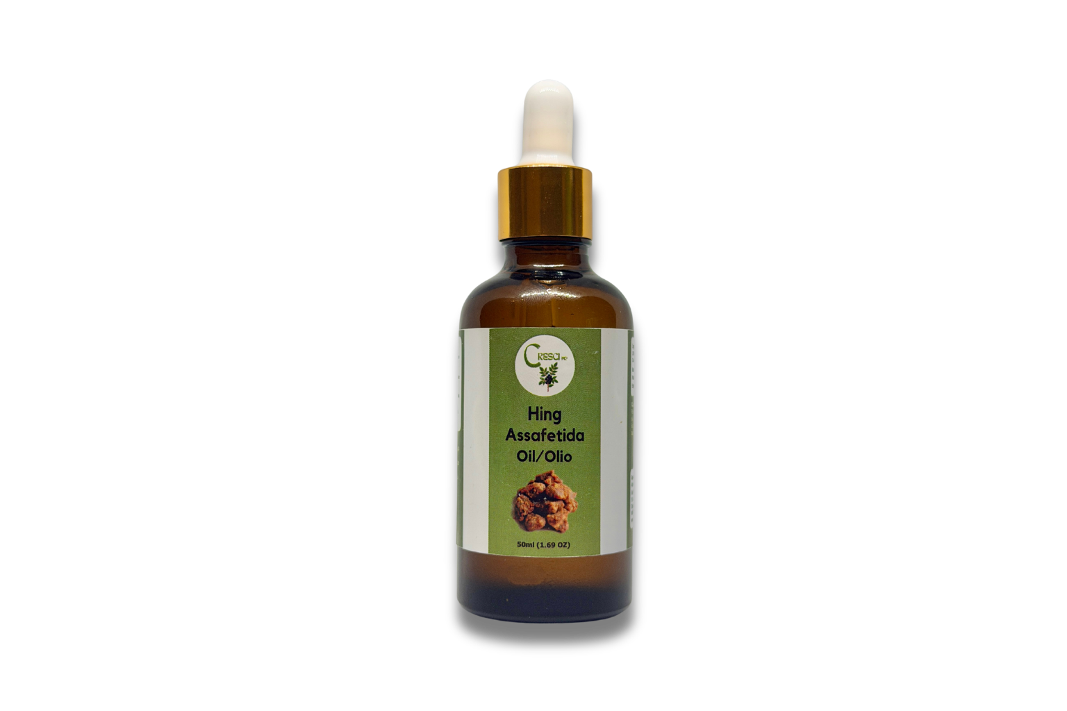Olio di Hing (Assafetida) 50 ml in flacone contagocce in vetro ambrato con tappo dorato ed etichetta verde