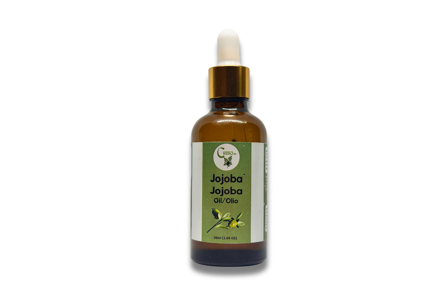 Olio di Jojoba 50 ml in flacone contagocce in vetro ambrato con tappo dorato ed etichetta verde