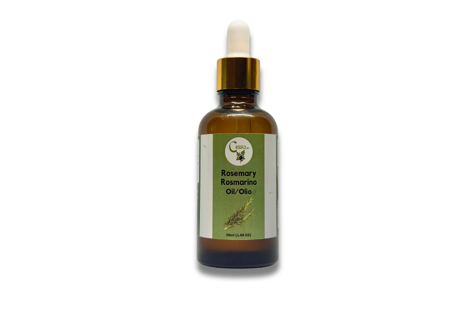 Olio di Rosmarino (Rosemary) 50 ml in flacone contagocce in vetro ambrato con tappo dorato ed etichetta verde