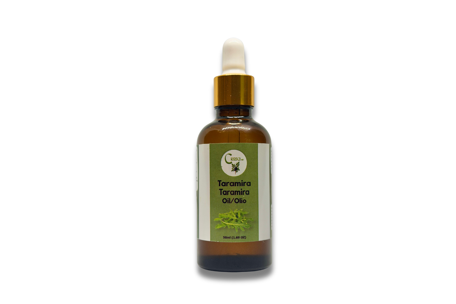 Olio di Taramira 50 ml in flacone contagocce in vetro ambrato con tappo dorato ed etichetta verde