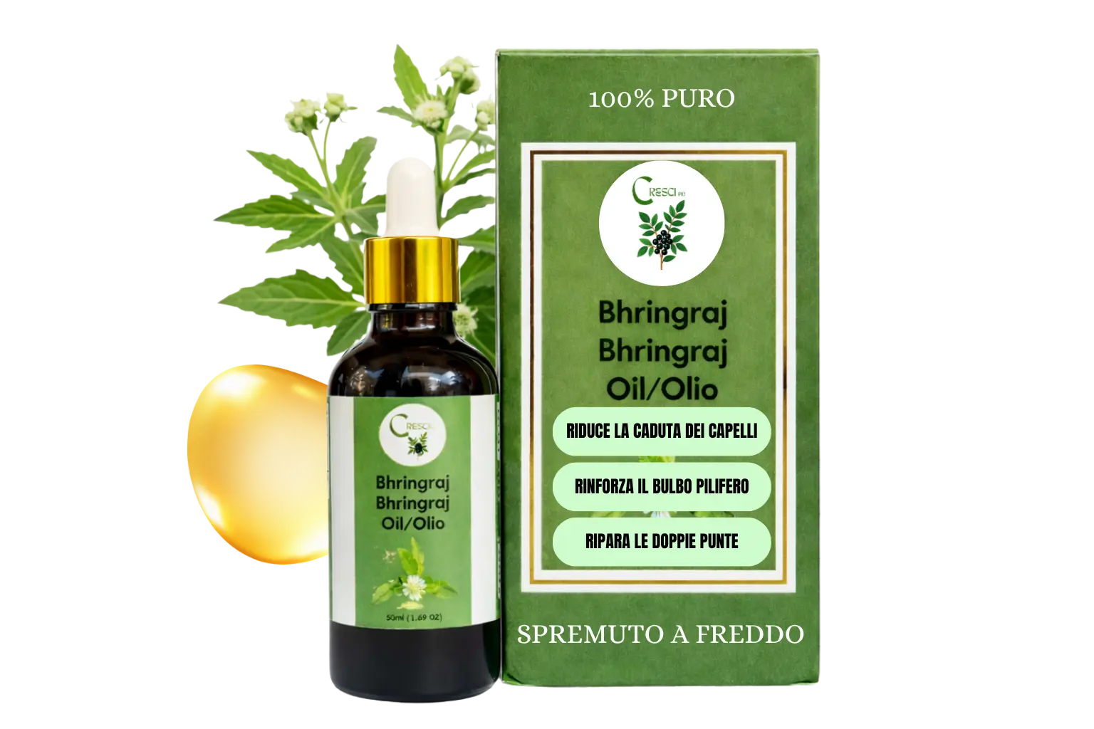 Olio di Bhringraj Puro 100% 50 ml – Olio Ayurvedico per Capelli Nutriente, Rinforzante e Contrasto Capelli Secchi e Fragili