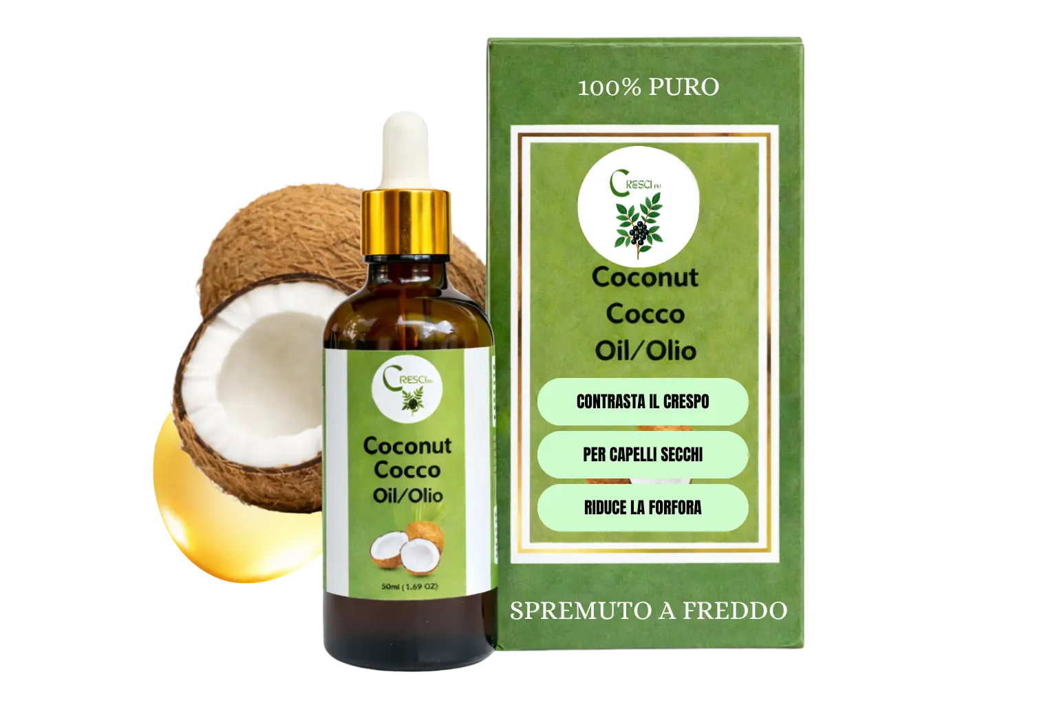 Olio di Cocco 100% Puro Spremuto a Freddo - Uso Cosmetico Viso