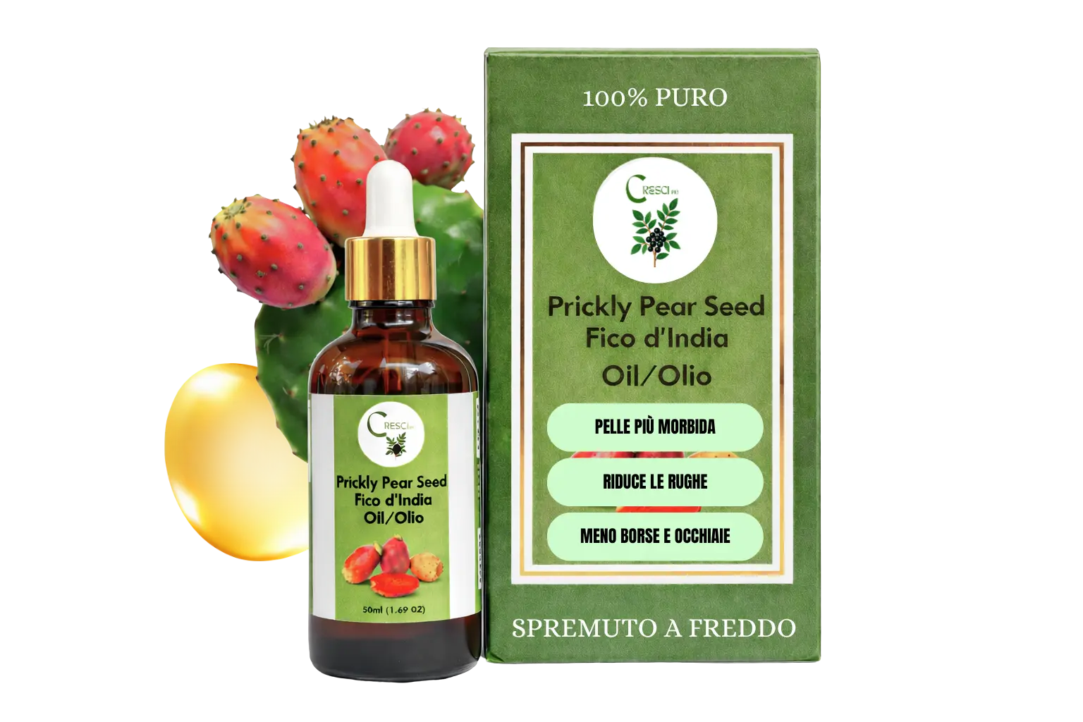 Olio di Fico d'India 50ml - Puro 100% Spremuto a Freddo Antirughe e Corpo