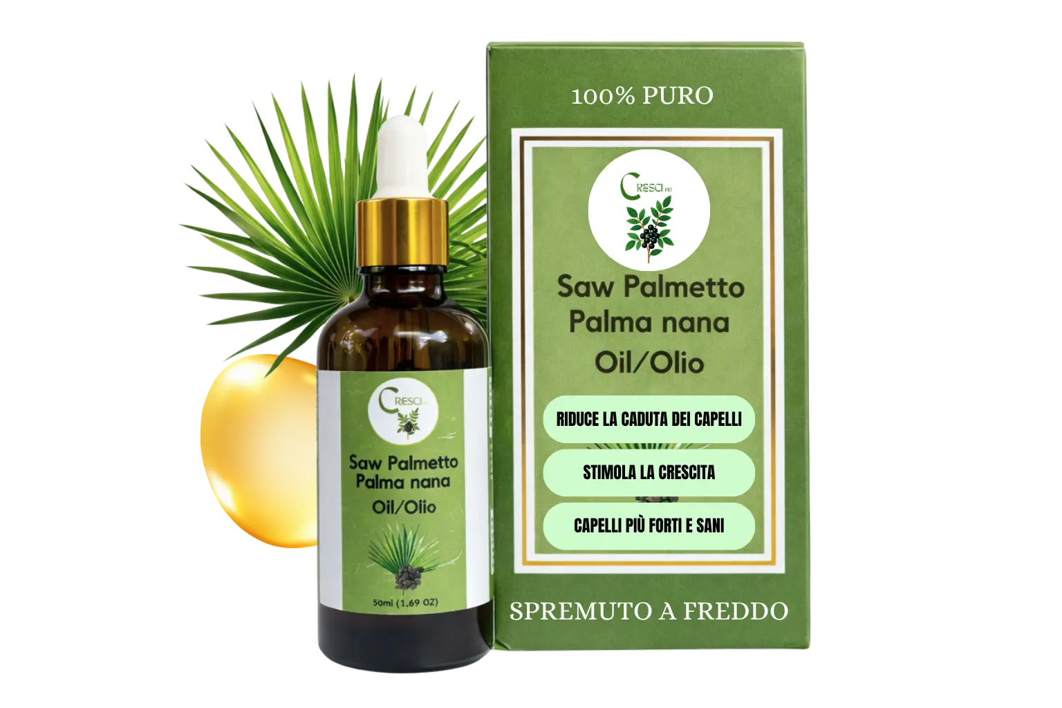 Olio di Saw Palmetto 100% Puro 50ml - Estratto Naturale Capelli e Cuoio Capelluto